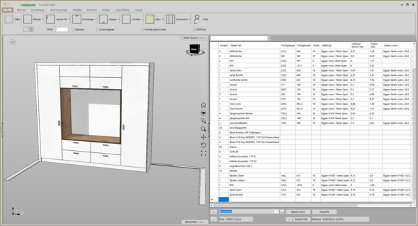 3D-Ansicht eines weißen Schranks mit Schubladen und Fächern neben einer Tabelle mit Möbelstückdaten in einer Softwareoberfläche
