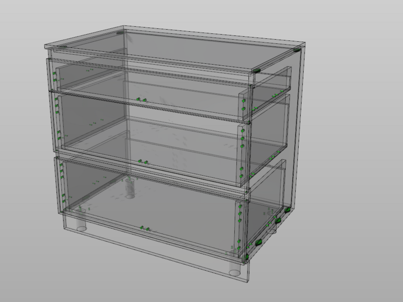 3D-Modell eines transparenten dreistöckigen Regals mit sichtbaren Verbindungsstellen