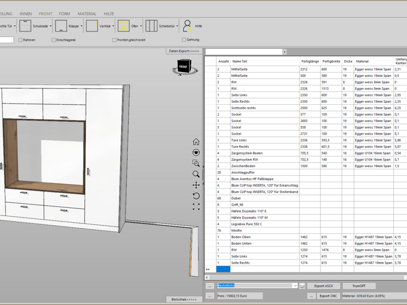 3D-Ansicht eines weißen Schranks mit Schubladen und Fächern neben einer Tabelle mit Möbelstückdaten in einer Softwareoberfläche