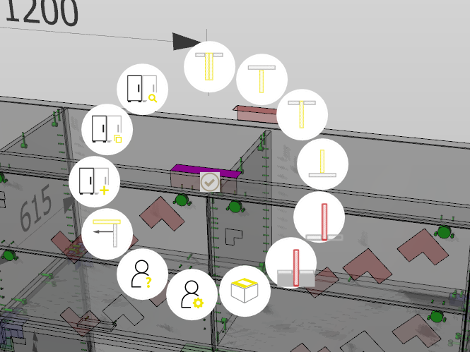 3D-Grundriss mit einem kreisförmigen Menü mit Symbolen für Türen, Fenster, Personen und Objekte