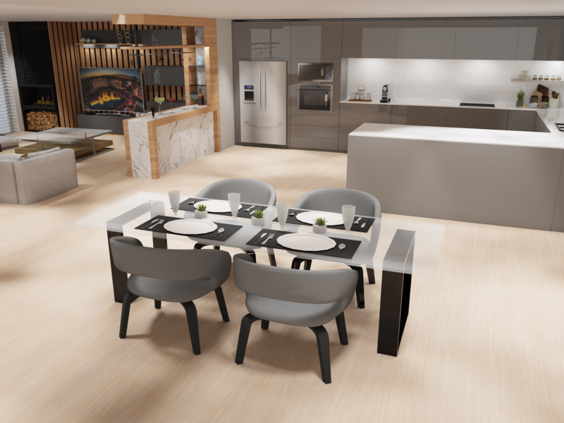 Offene moderne Küche mit grauen Schränken, Insel und Essbereich mit weißem Tisch und vier grauen Stühlen, im Hintergrund Wohnzimmer mit Kamin