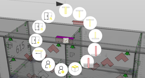 3D-Grundriss mit einem kreisförmigen Menü mit Symbolen für Türen, Fenster, Personen und Objekte
