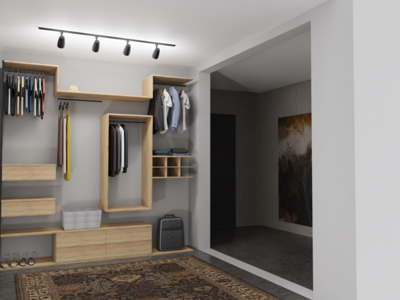 Offener begehbarer Kleiderschrank mit hölzernen Regalen, Hemden, Hosen, Schuhen und einem Koffer auf einem Teppichboden
