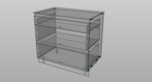 3D-Modell eines transparenten dreistöckigen Regals mit sichtbaren Verbindungsstellen