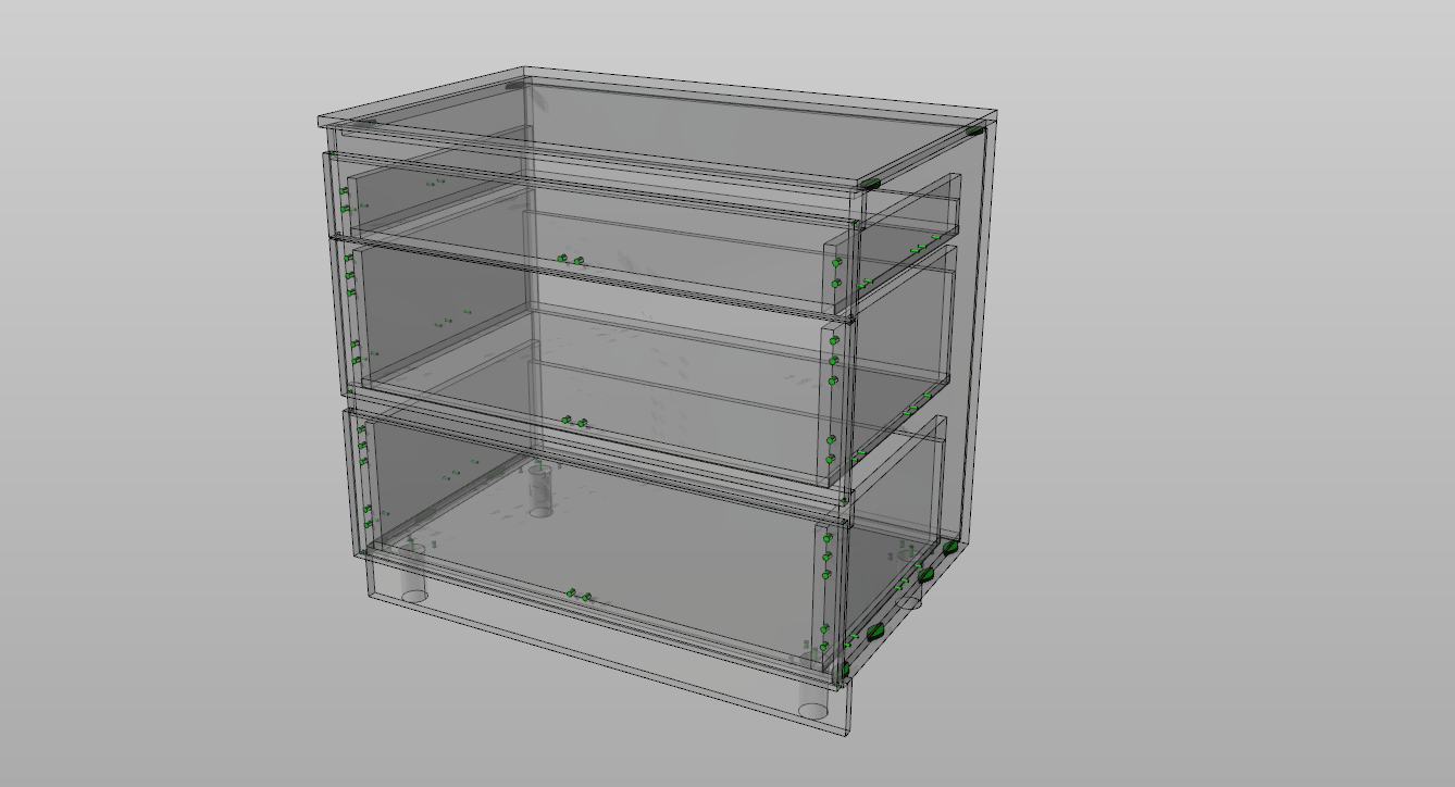3D-Modell eines transparenten dreistöckigen Regals mit sichtbaren Verbindungsstellen